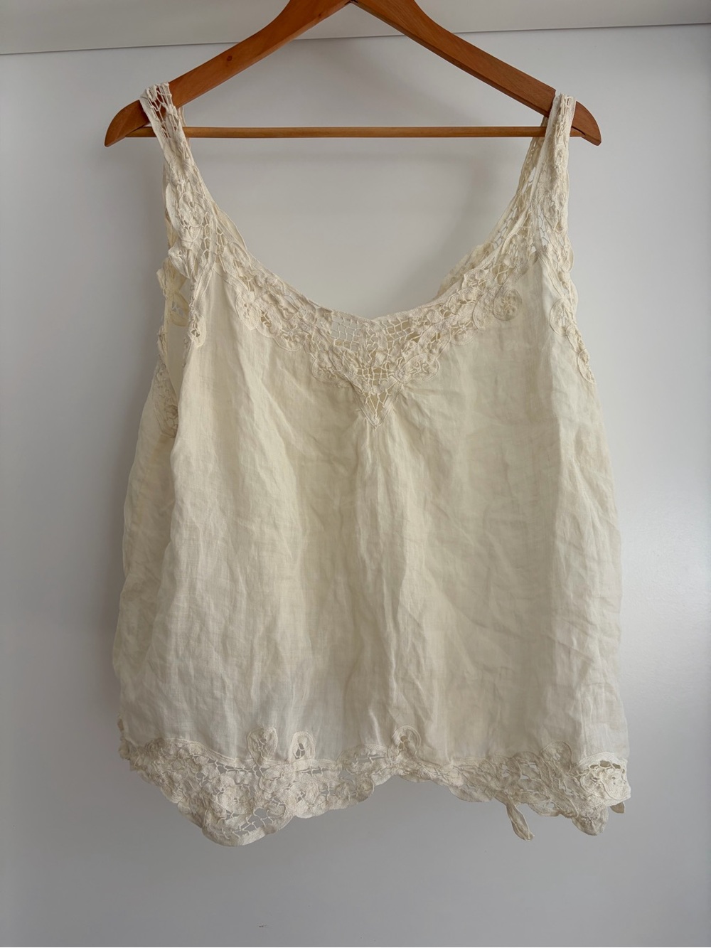 Vlas Blomme Premium Belgian Kortrijk 100%Linen Battenberg Lace Camisole Tank O/S